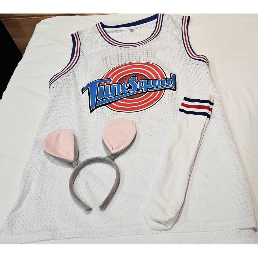 Space Jam Tune Squad Jersey Adult Large White Basketball Costume + Bunny Ears